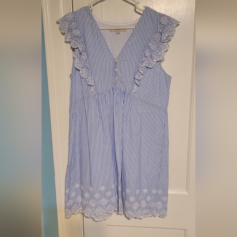 LOFT Blue & White Pinstripe Ruffle Embroidered Mini Dress, Sz M